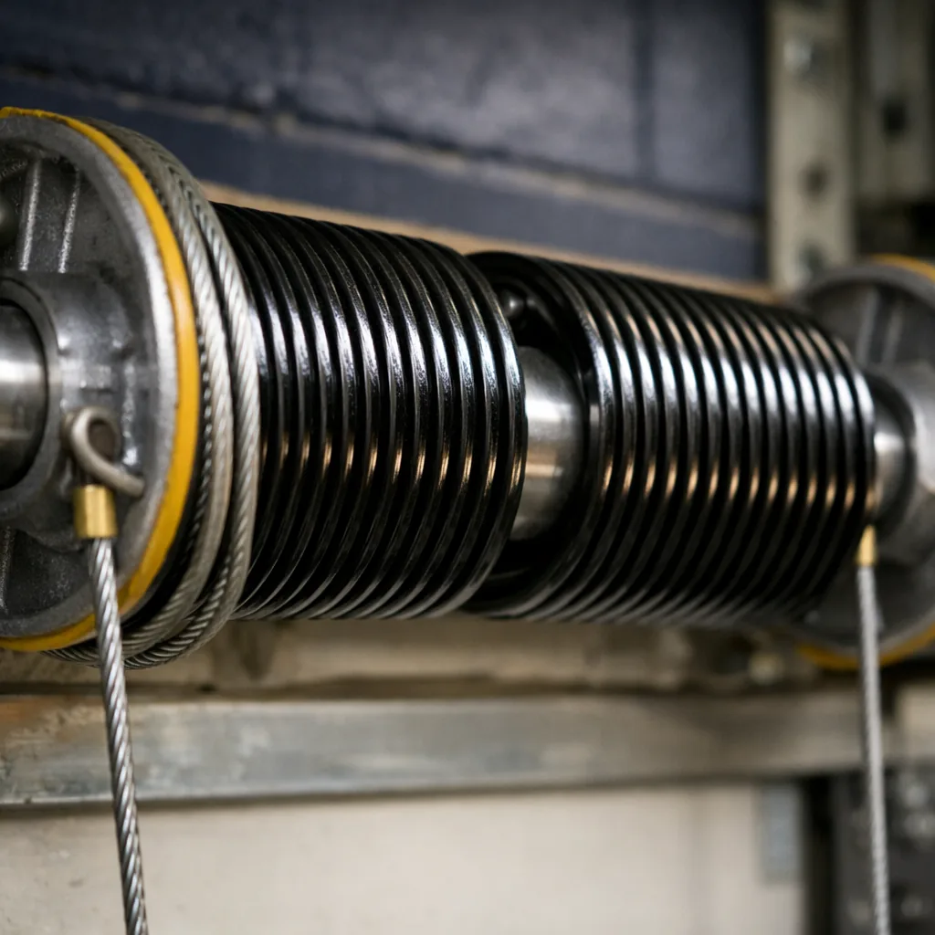 Close-up of a pair of new torsion springs on a shaft with cable drums and fresh lift cables above a commercial garage door, clean hardware, no text on any part