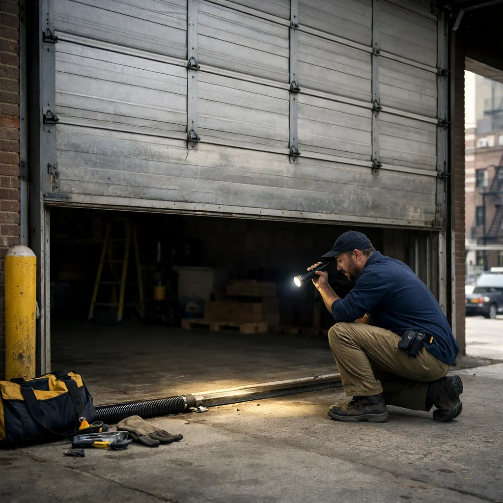 Wide view of a technician in plain workwear kneeling at the base of a large steel sectional loading door on a brick warehouse in daylight, checking the track and roller with a flashlight, door half raised, no lettering or signs visible