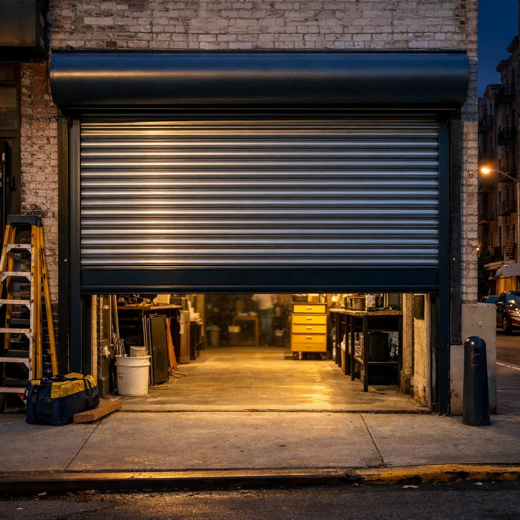 A rolling steel service door on a small shop front, half raised, evenly coiled with a clean bottom bar, urban street at dusk, no writing or logos visible