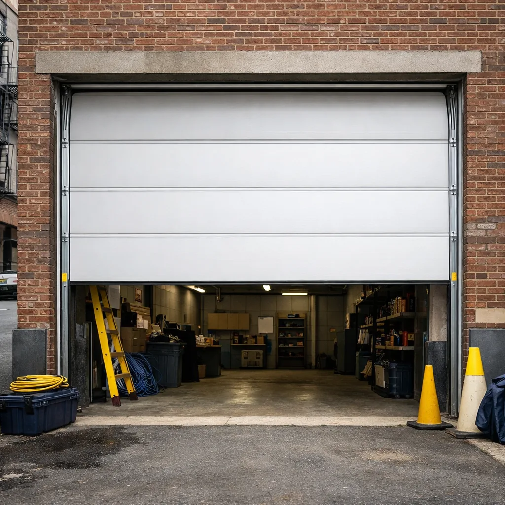 A repaired wide steel sectional garage door on a brick commercial building, fully raised, panels straight and even, clean track on both sides, daylight, no lettering or signage