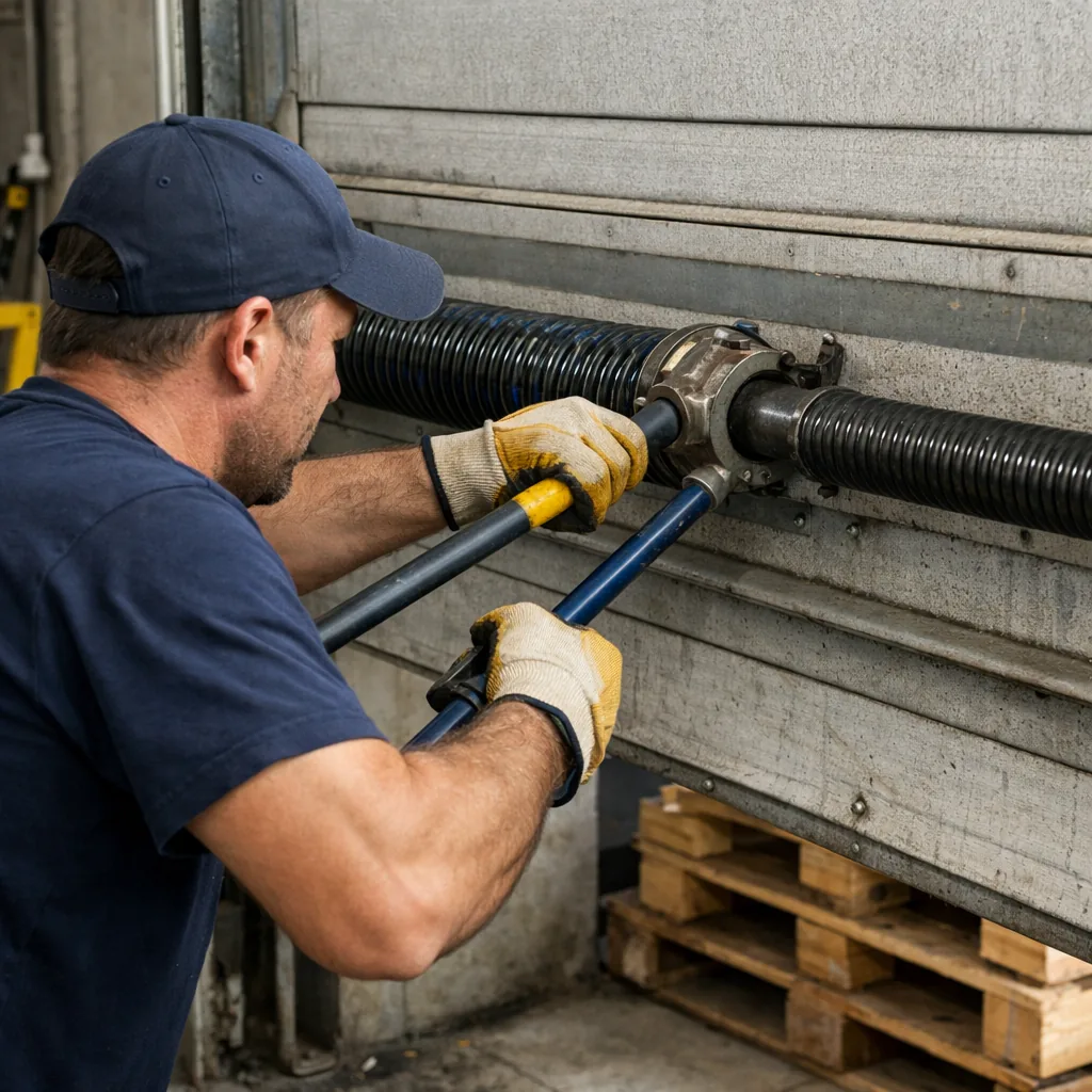 Close working shot of a technician in plain workwear tightening a high-cycle torsion spring on a wide commercial steel garage door inside a loading bay, winding bars in hand, concrete floor and stacked pallets in the background