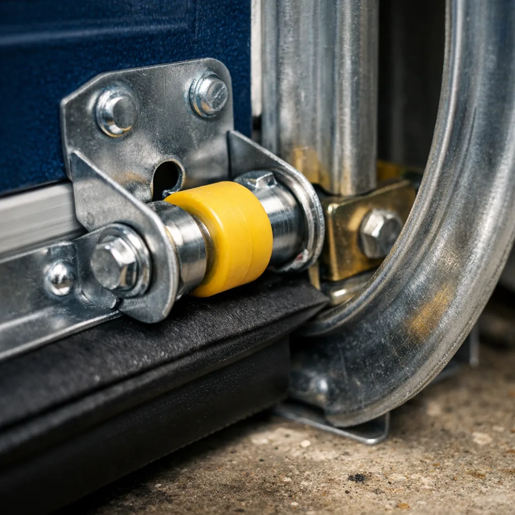 Close-up of freshly installed hinges, rollers and track on a new garage door, clean steel hardware and sealed bottom edge, no text visible