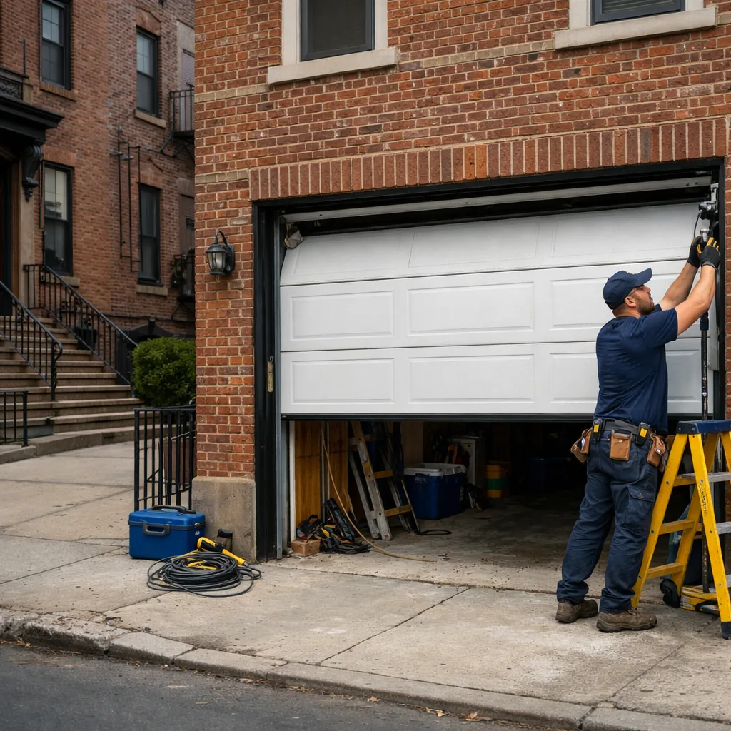 Wide exterior shot of a technician in plain workwear fitting a new insulated steel sectional garage door on a brick row house in New York, door partly raised, daylight, no lettering or signs