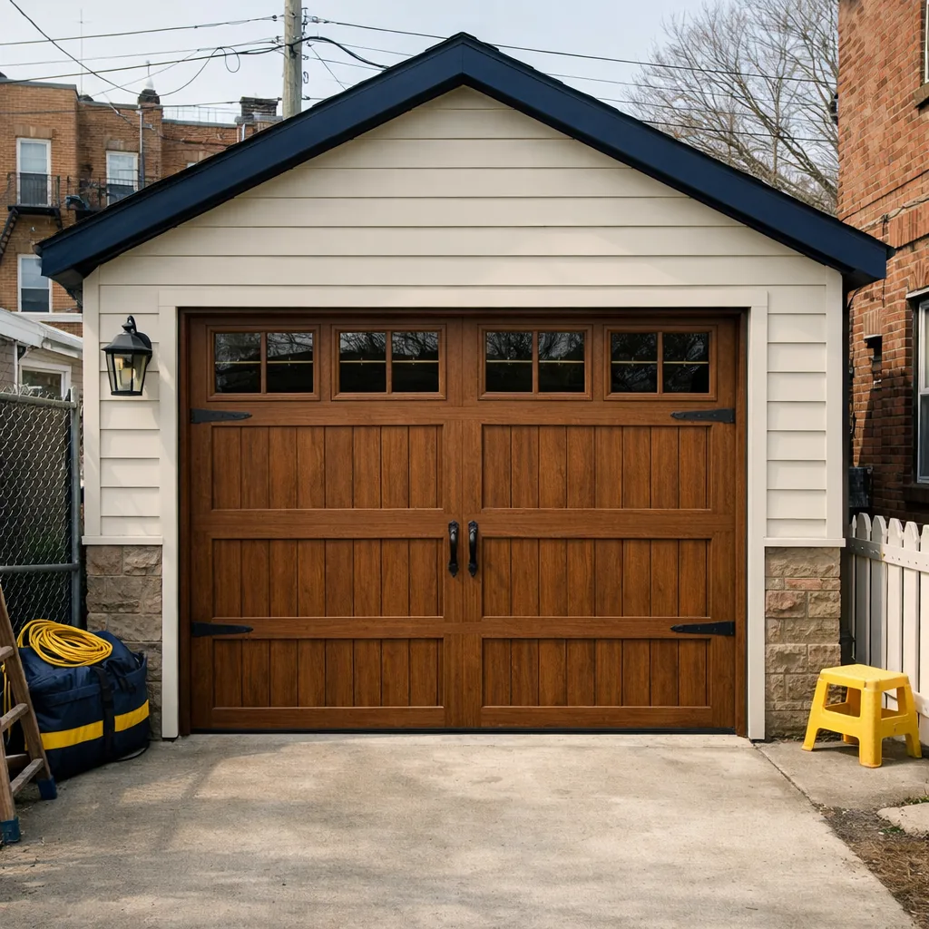 A carriage-house style garage door with a wood-look finish and small windows across the top row, on a detached garage in a Queens residential street, no lettering or house numbers