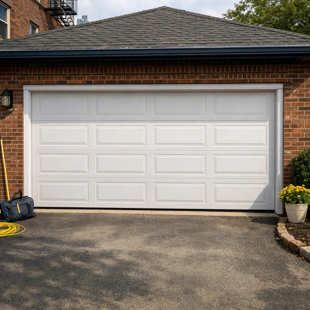 A new white insulated steel sectional garage door on a two-car attached garage of a brick house, closed, clean lines, afternoon light, no writing