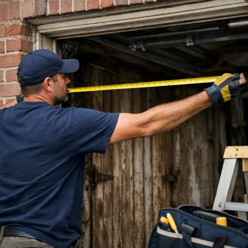 A technician in plain workwear measuring the width of a garage door opening with a tape measure, a worn old wooden door visible in the opening, brick garage wall, daylight