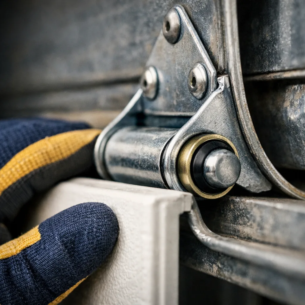 Close-up of a clean hinge and steel roller seated in a garage door track, a gloved hand resting on the panel edge
