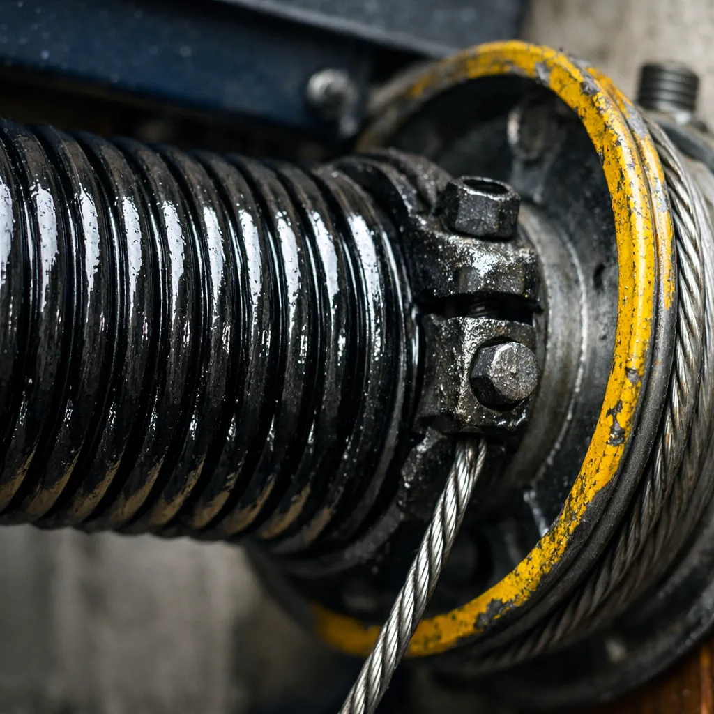 Close-up of a freshly lubricated torsion spring and cable drum above a garage door, light sheen on the coils