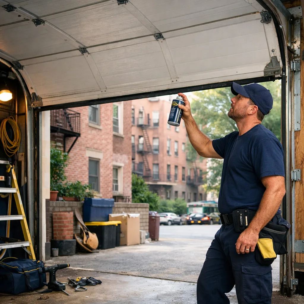 Wide shot of a technician in plain workwear spraying lubricant on the rollers and hinges of a residential sectional garage door in a New York attached garage, door half open, daylight