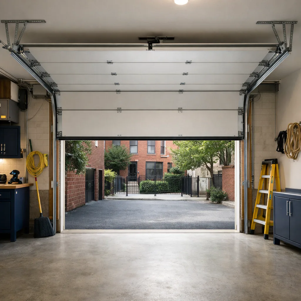A clean residential garage door fully raised, evenly aligned panels and tidy track on both sides, bright garage interior