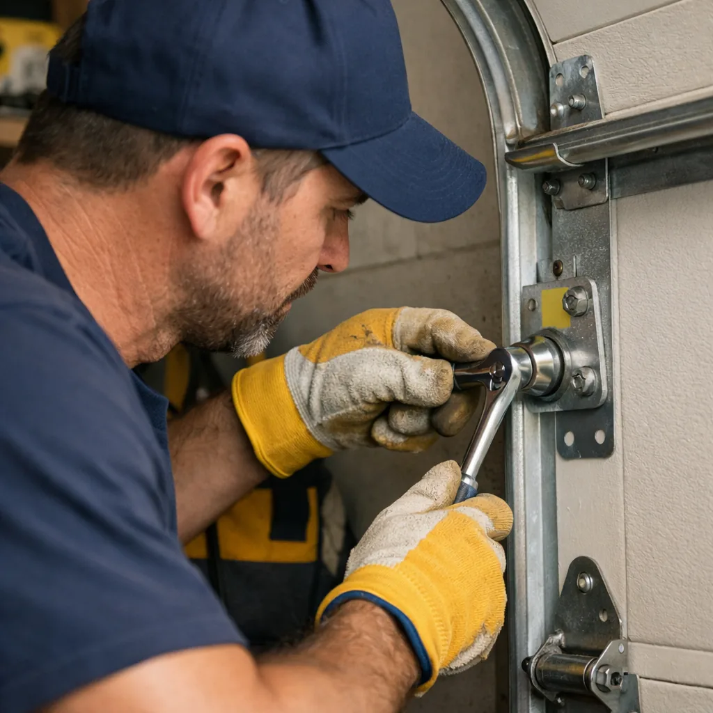 A technician in plain workwear tightening a track bracket bolt with a socket wrench beside a garage door roller, close working shot, clean residential garage interior