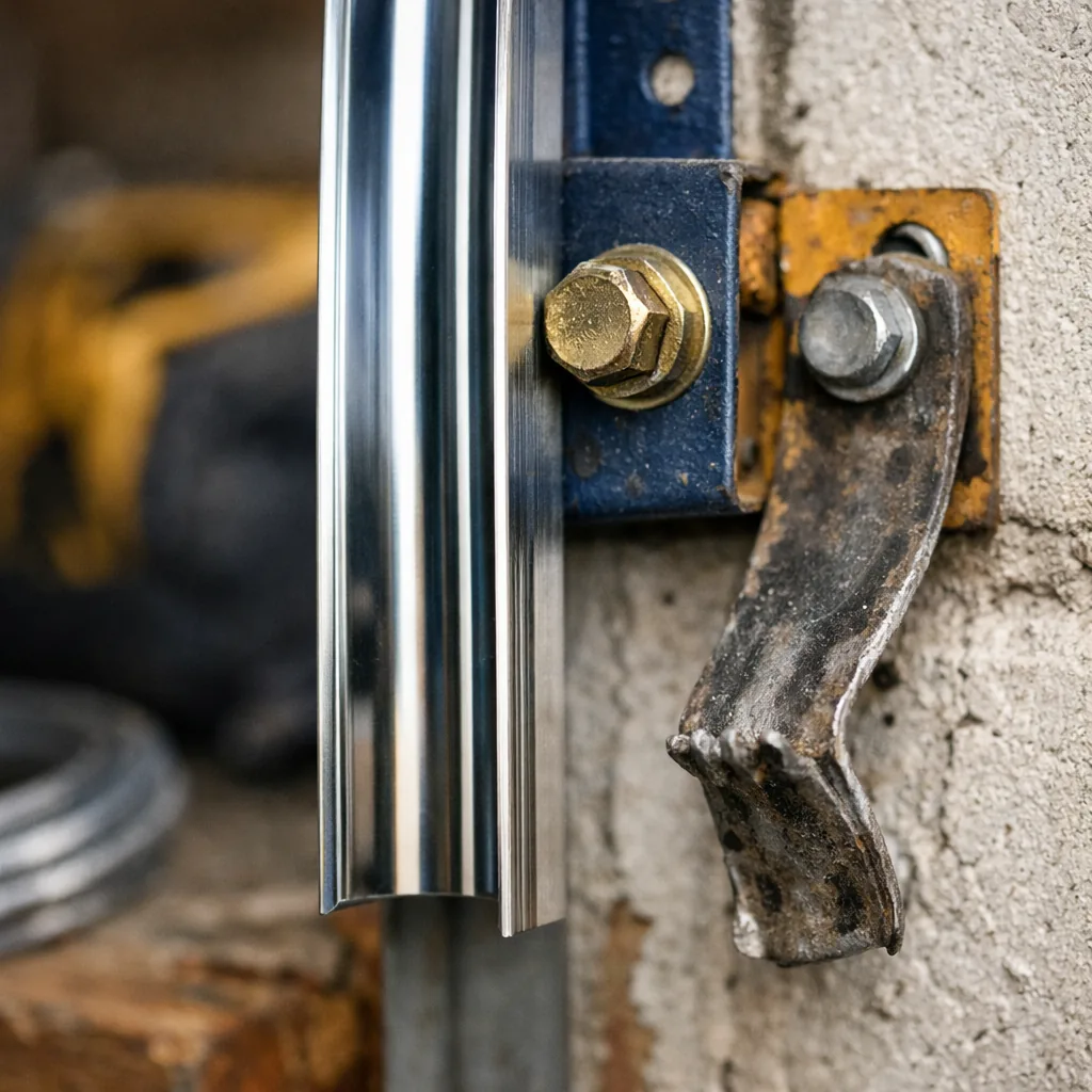 Close-up of a section of replaced garage door track bolted to a wall bracket, straight and shiny beside the old bent piece