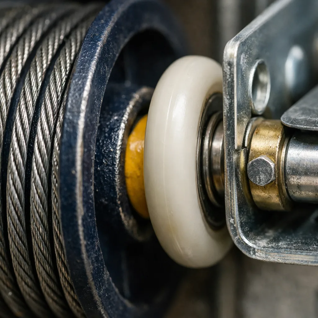 Close-up of a new steel lift cable seated in a cable drum beside a new garage door roller in clean track