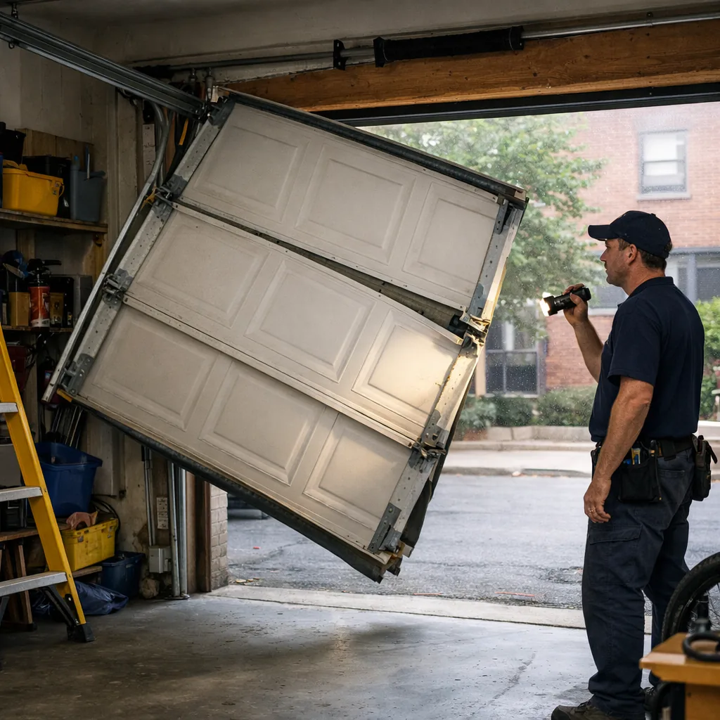 Wide interior shot of a residential garage door visibly off its track, one side hanging crooked with a roller out of the rail, a technician in plain workwear studying it from a safe distance with a flashlight