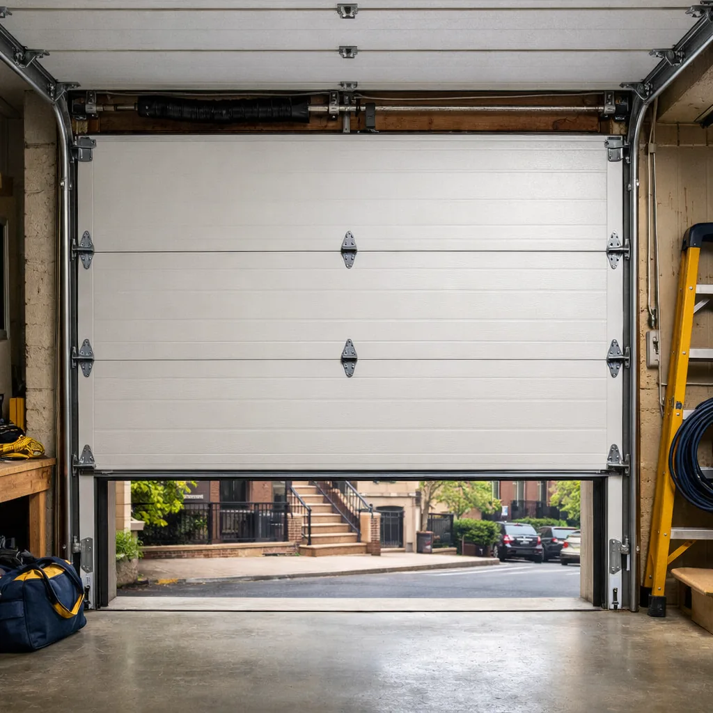 A residential sectional garage door sitting level in its opening after repair, both vertical tracks straight and parallel, rollers seated, bright garage