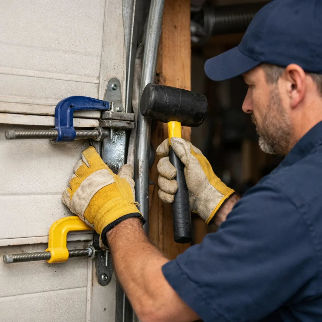 Close view of a technician in plain workwear using a rubber mallet to align a bent vertical steel garage door track, clamps holding the door section in place, residential garage
