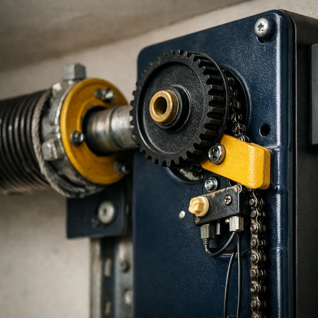 Close-up of a new wall-mounted jackshaft garage door opener beside a torsion spring and shaft, ceiling clear, no markings or branding visible