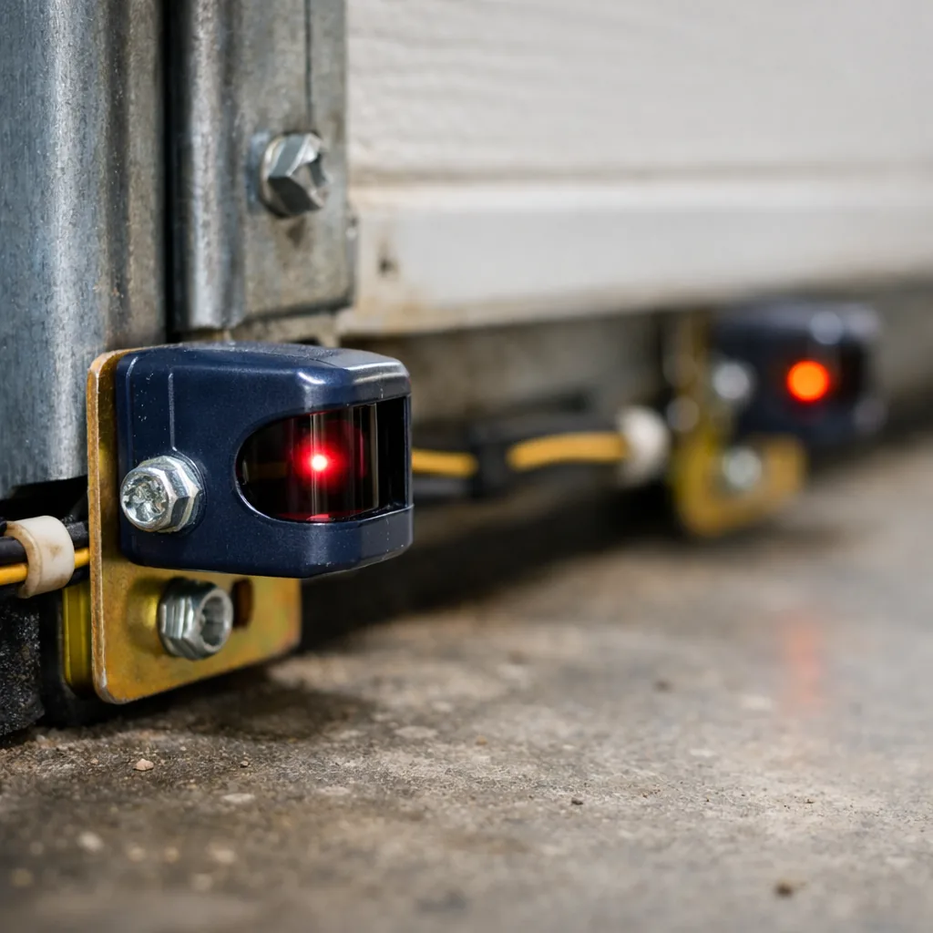 Close-up of safety photo eye sensors mounted low on both sides of a garage door track near the floor, clean bracket and wiring, no text