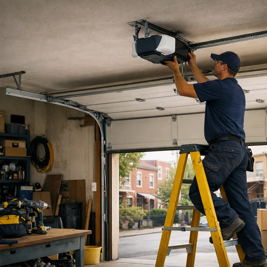 Wide shot of a technician in plain workwear on a stepladder mounting a new ceiling garage door opener unit above a sectional garage door in a residential garage, rail attached, daylight, no logos or text