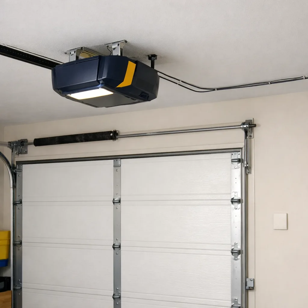 A newly installed belt-drive garage door opener mounted on a ceiling above a closed residential sectional door, tidy wiring, a plain unmarked wall button with no letters or symbols, bright garage, no logos or writing