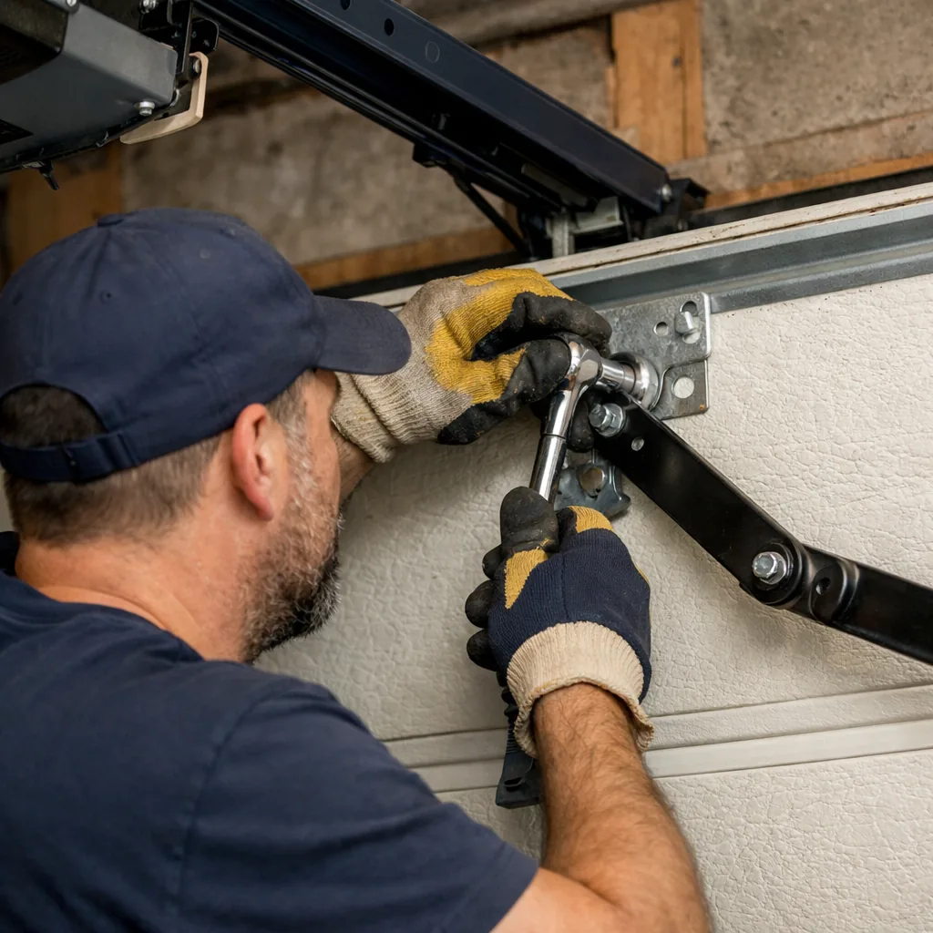 A technician in plain workwear connecting the opener arm to the top panel of a garage door bracket, new opener rail overhead, close working shot, no text on any parts