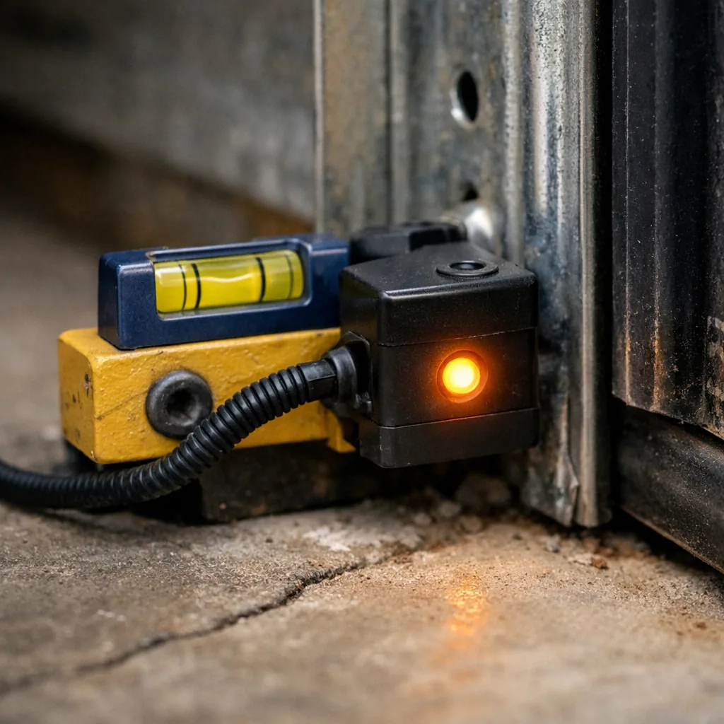 A photo eye safety sensor mounted on the door track near the floor, with a small level beside it and its indicator light glowing steadily