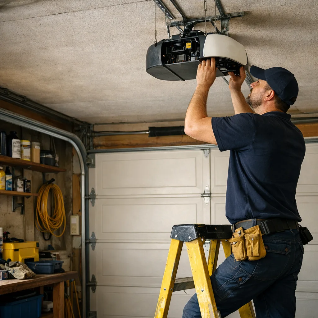 A technician in plain workwear on a stepladder in a residential garage, opening the cover of a ceiling-mounted garage door opener with the closed sectional door behind him