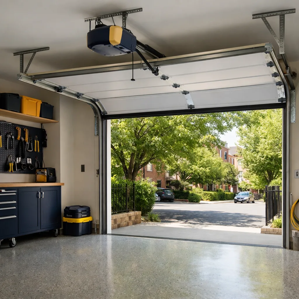 A tidy residential garage with a working opener on the ceiling and the sectional door standing fully open to bright daylight