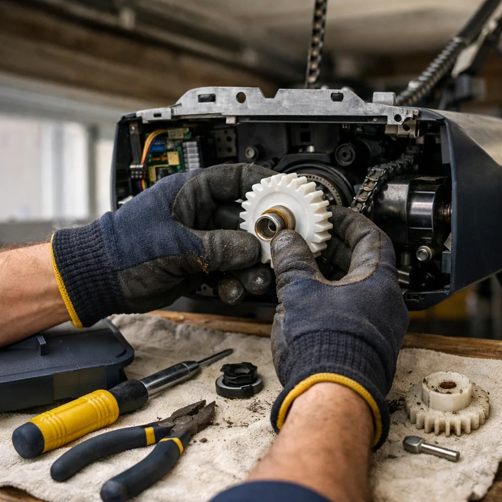 A technician's gloved hands fitting a new drive gear into an opener housing, with the cover removed and parts laid on a clean cloth