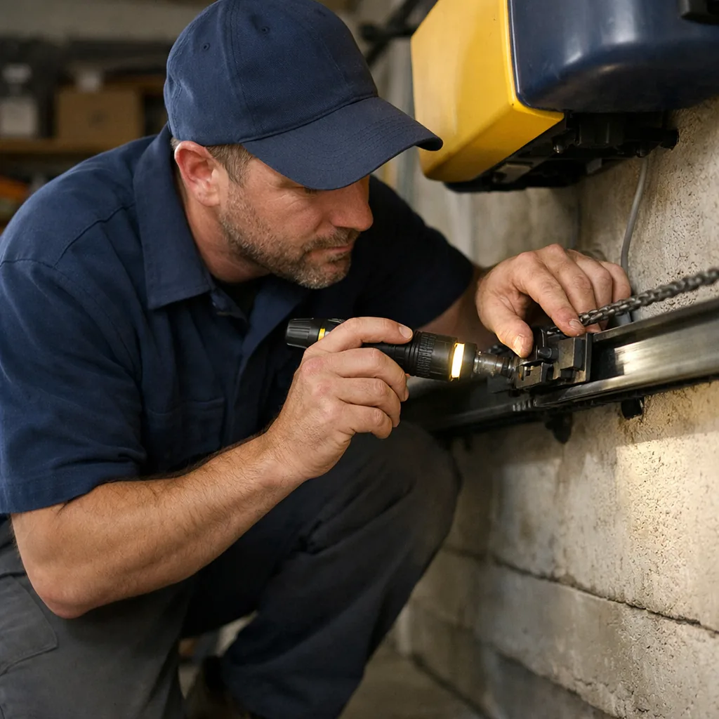 A technician in plain workwear kneeling beside the drive rail of a garage door opener, checking the trolley and chain tension with a small flashlight