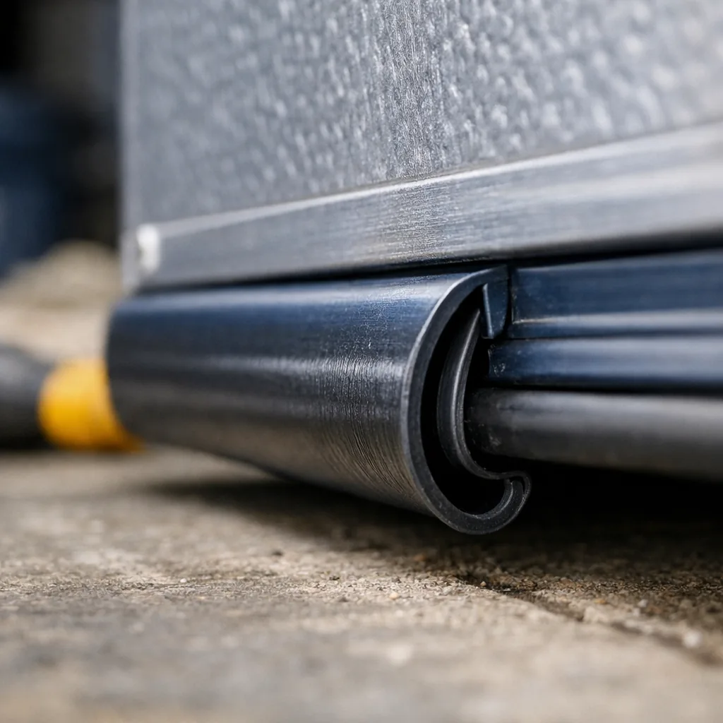 Close-up of the bottom edge of a steel garage door panel showing a new rubber weather seal tucked into its retainer channel, no writing visible.
