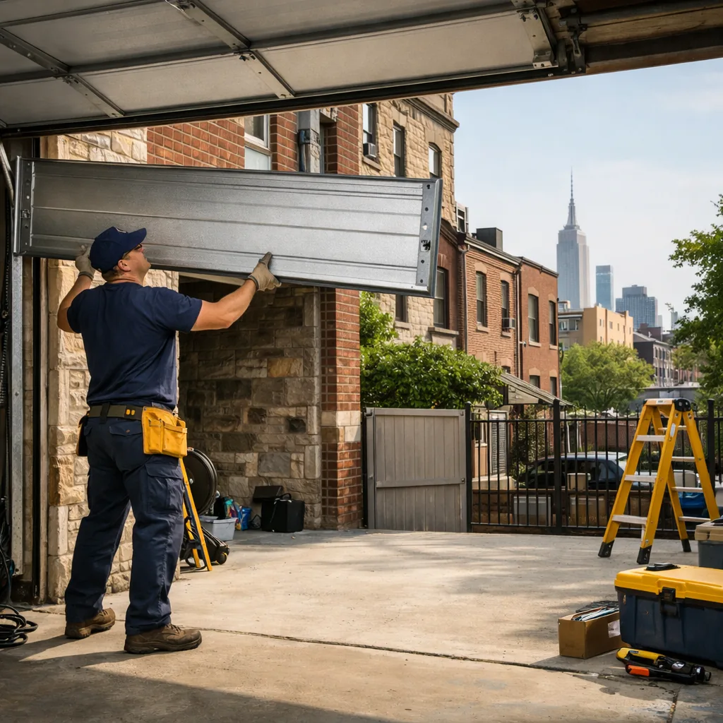 Wide shot of a technician in plain workwear lifting a single steel garage door panel into place on the track of a sectional door in a residential driveway opening, daylight, no lettering or logos visible on the door or clothing.