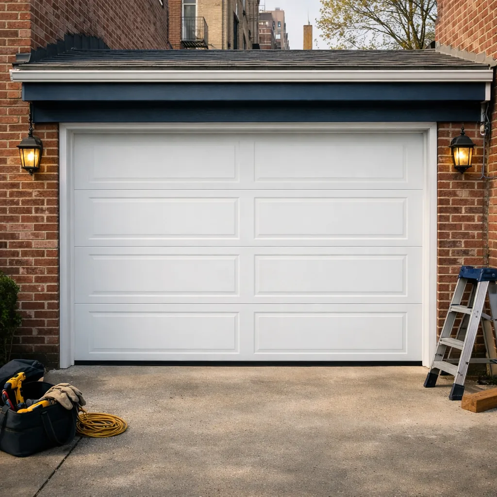 A closed white sectional garage door on a brick residence, panels evenly aligned with no visible dents or color mismatch, soft afternoon light.