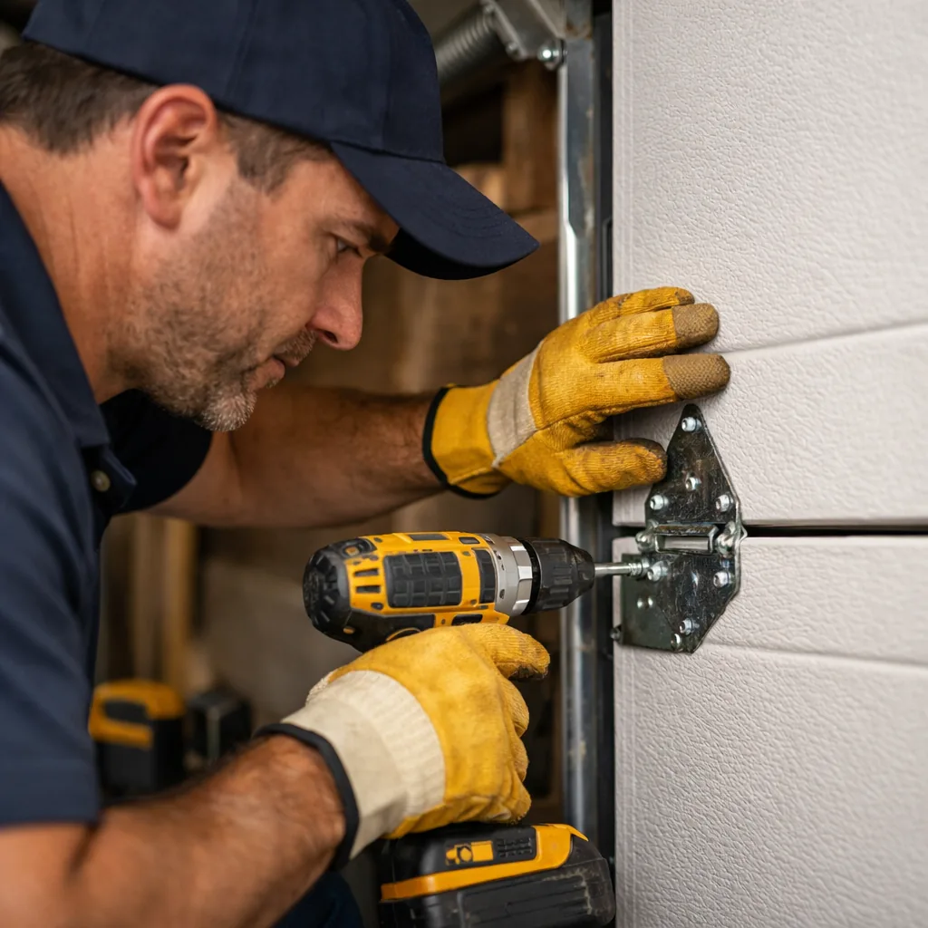 A technician bolting a new hinge to the edge of a freshly installed garage door panel, with the adjoining panels held steady, close and well lit.