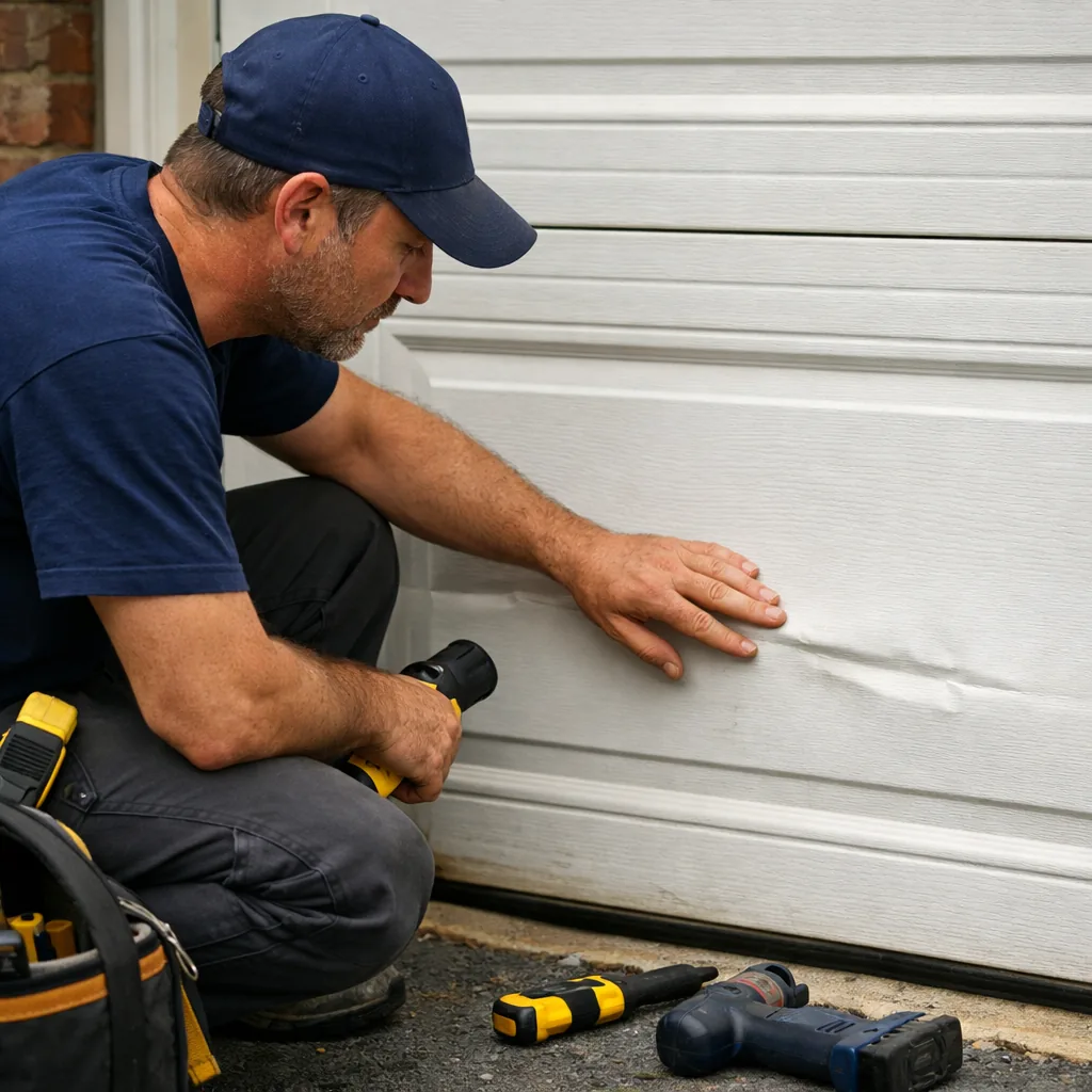 A technician in plain workwear inspecting a dented lower panel of a closed sectional garage door, running a hand along the crease, residential driveway.