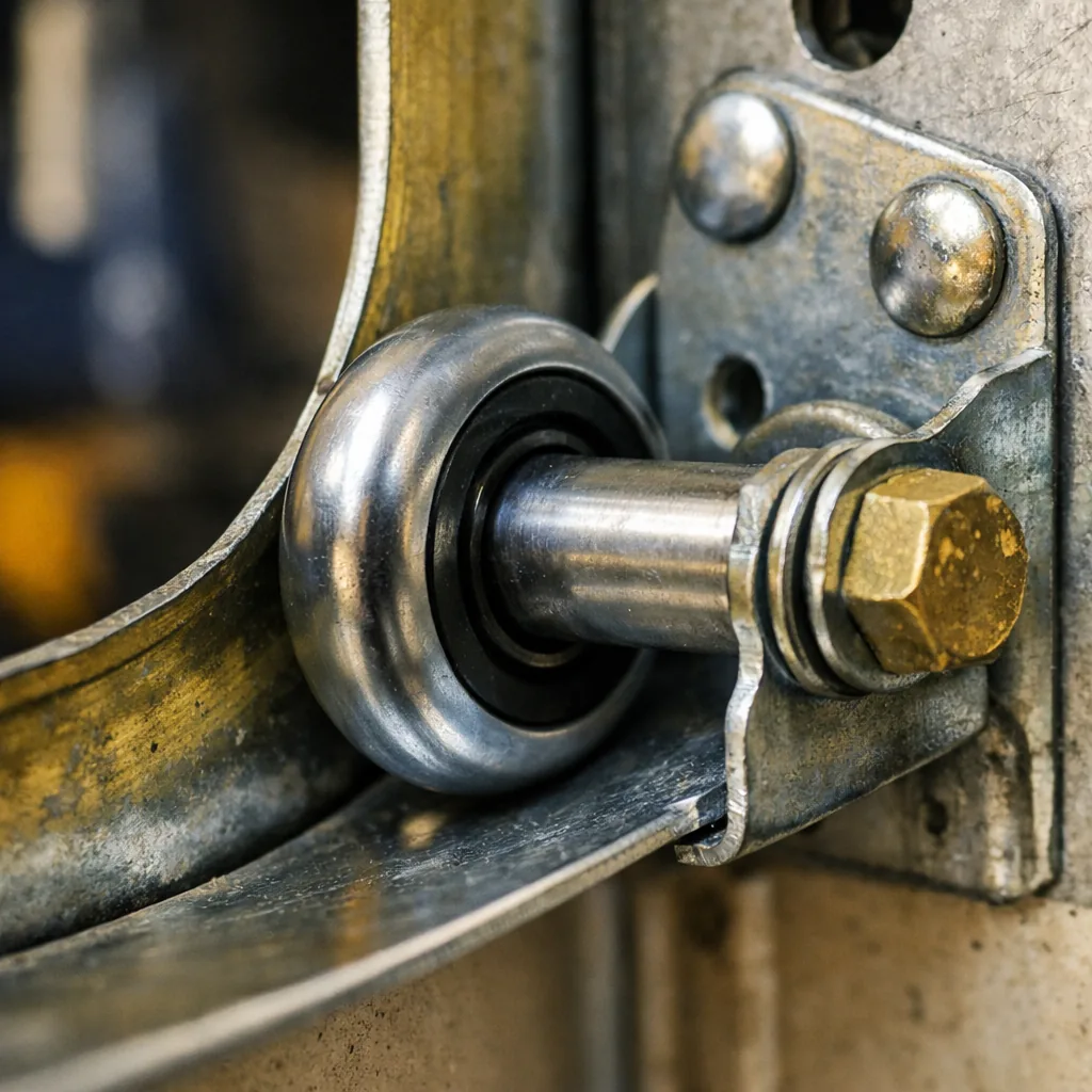 Close-up of a new steel roller seated in a garage door track beside a clean hinge, workshop lighting