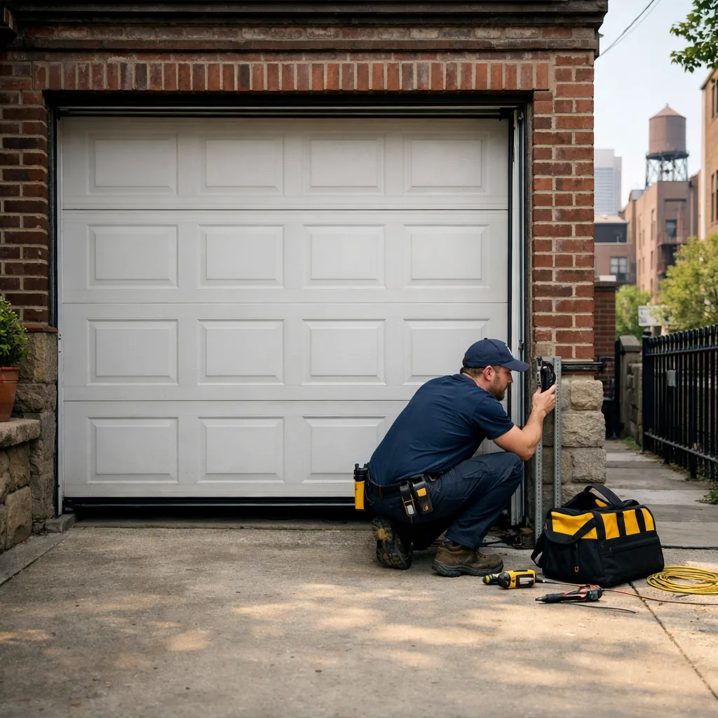 Wide view of a technician in plain workwear crouched at the side of a closed sectional garage door at a residential garage opening in a city neighborhood, checking the track and rollers, daylight