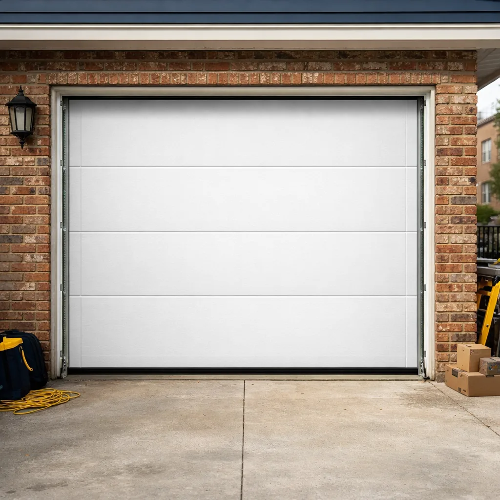 A closed, evenly aligned sectional garage door on a residential front, clean panels and straight tracks visible at the edges, soft daylight