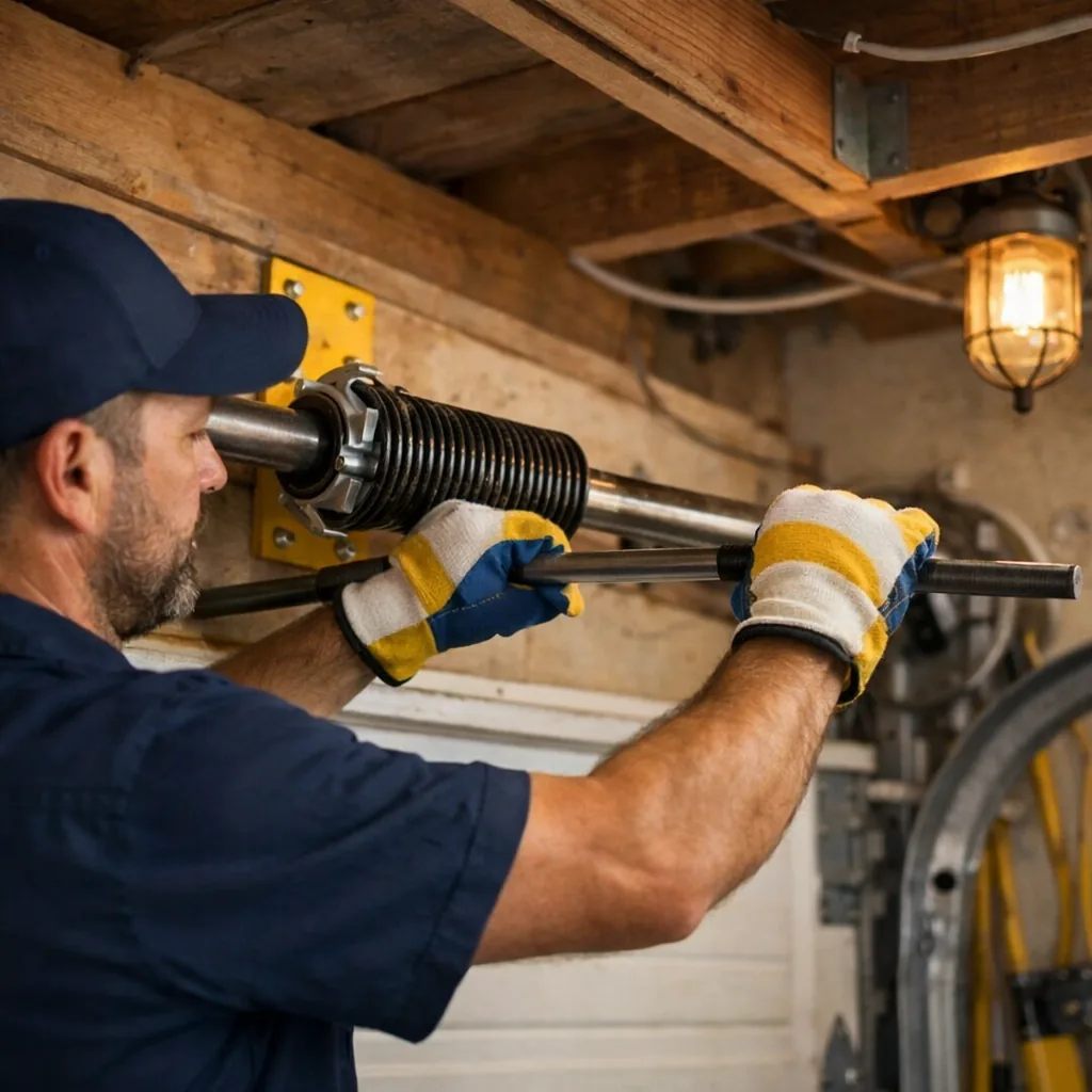 Technician winding a new torsion spring on the shaft over a garage door using winding bars, careful two-handed grip, residential garage ceiling area