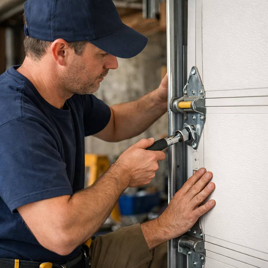 A technician in plain workwear tightening the bolts on a hinge of a sectional garage door while holding the panel steady, residential garage