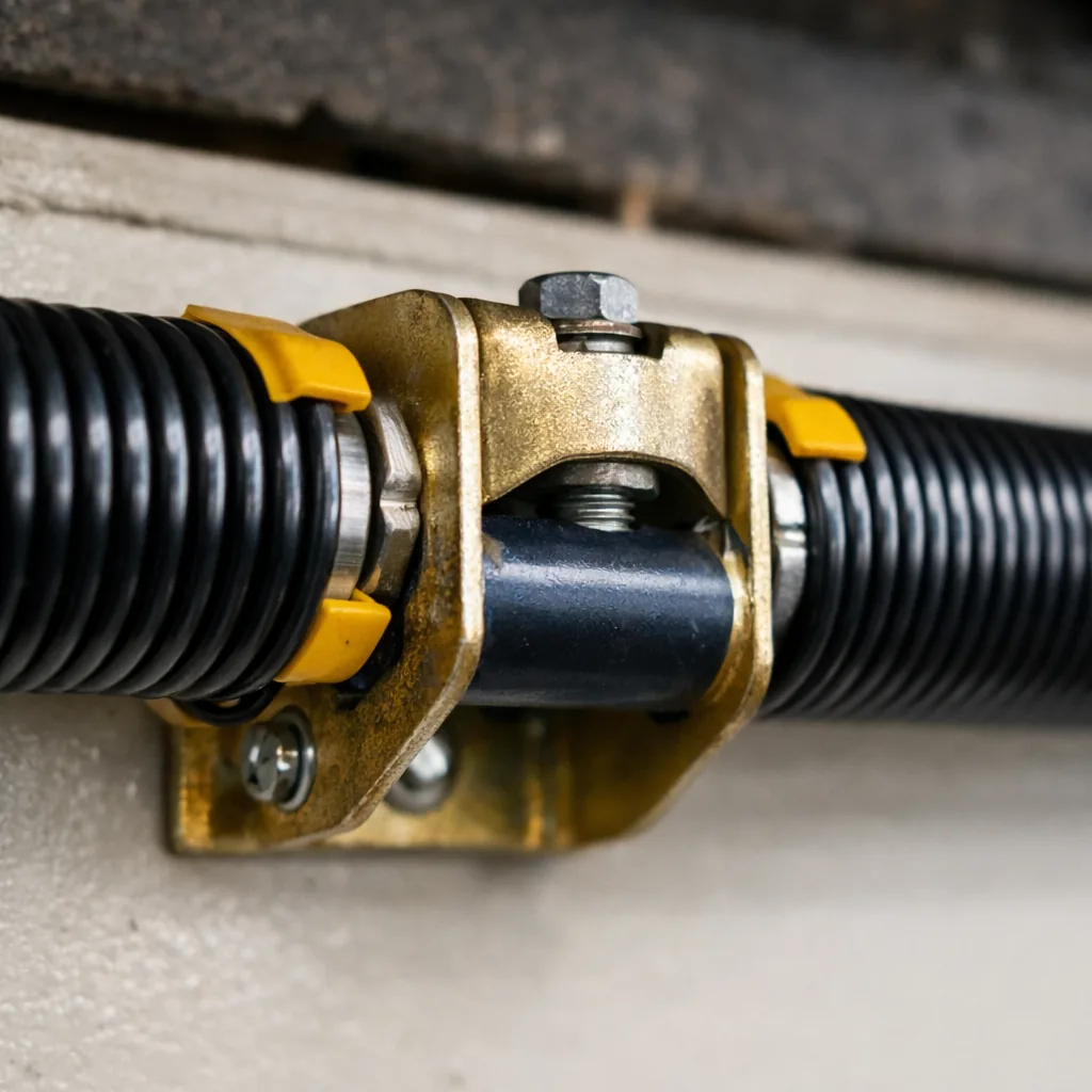 Close-up of a pair of new torsion springs on a steel bar with a center bracket over a garage door, clean and unrusted