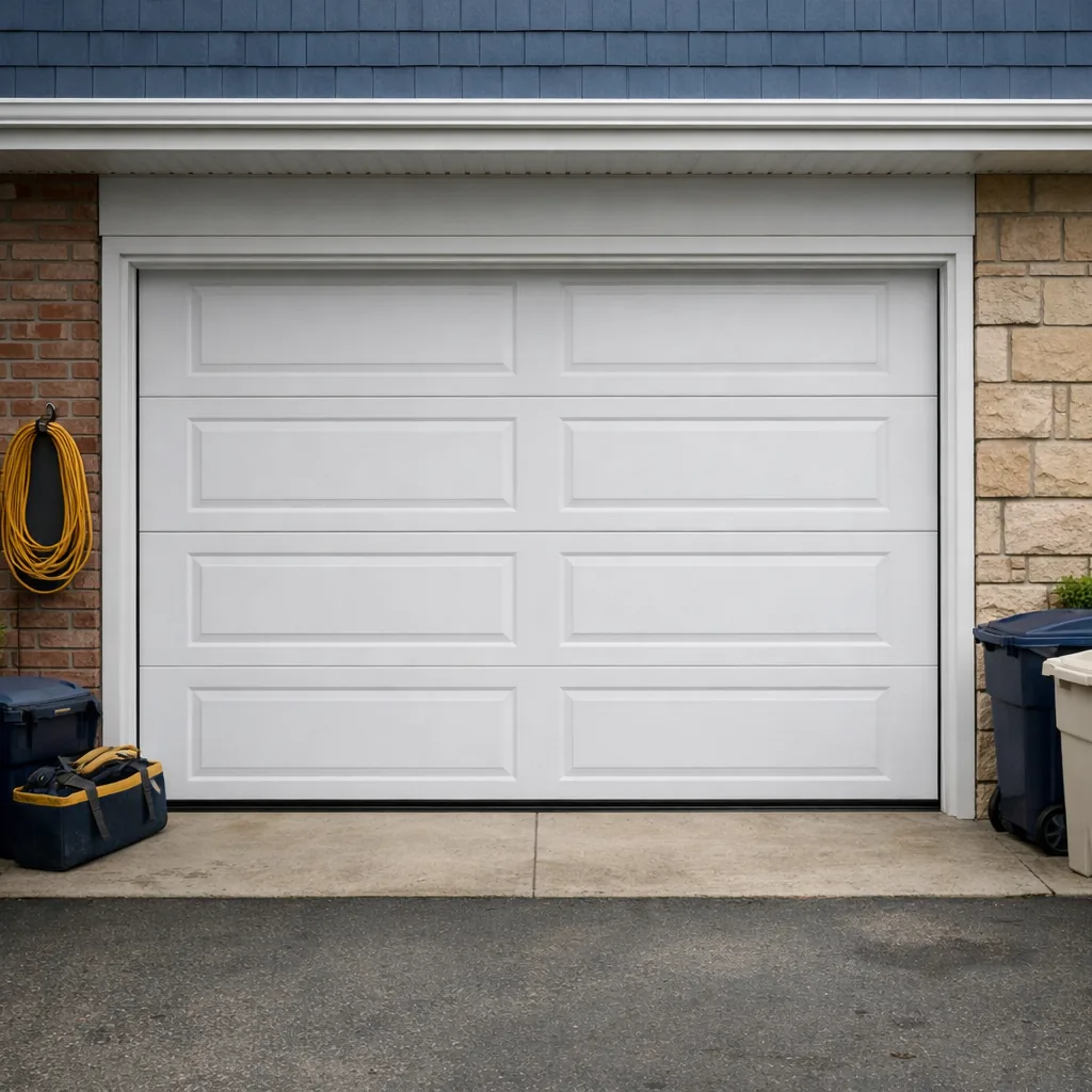 A residential garage door, fully closed with even panel gaps and straight tracks, soft overcast daylight