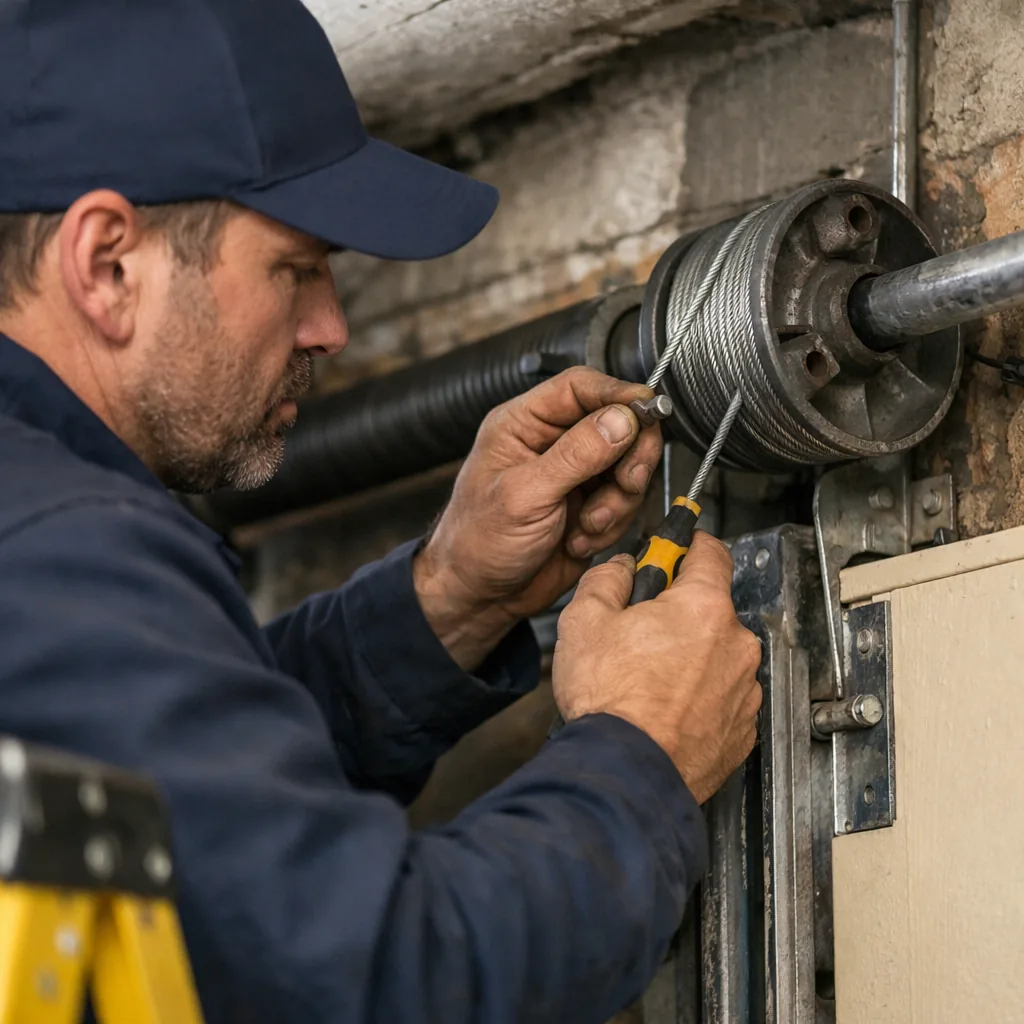 Technician threading a new steel cable onto a cable drum at the side of a sectional garage door, focused close shot