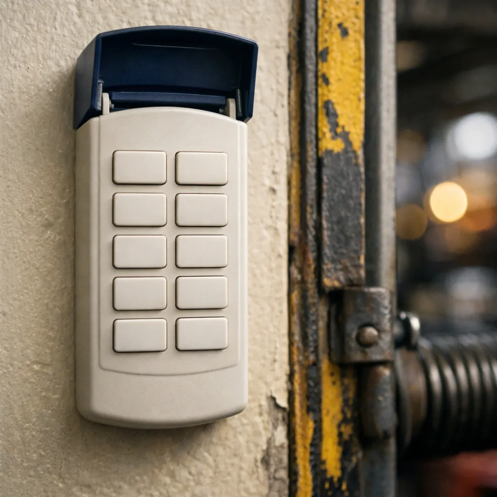 Close-up of a plain smooth wall-mounted keypad housing beside a garage door frame, unmarked blank buttons with no letters, digits or symbols, shallow depth of field