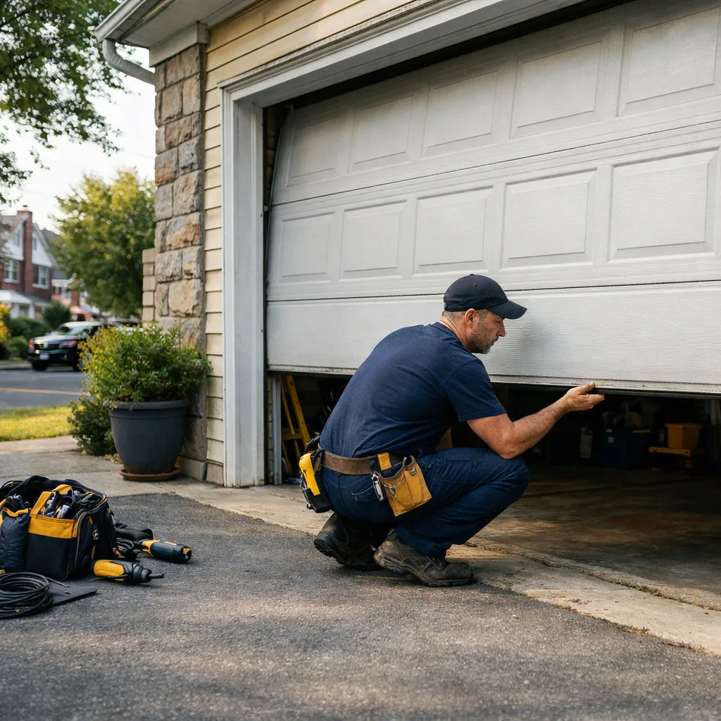 Wide daylight view of a technician in plain workwear standing at the open garage of a detached suburban-style house, one hand on a half-raised sectional door while inspecting its lower edge, no lettering on clothing or door