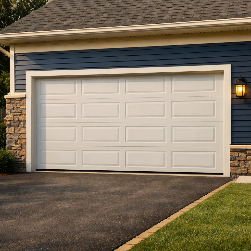 A detached suburban-style home with a fully closed two-car sectional garage door, panels evenly aligned, trimmed lawn edge visible, afternoon light