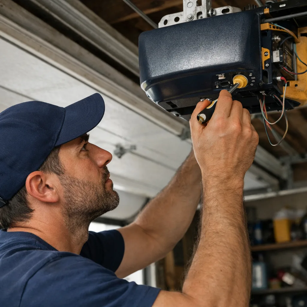 Technician resetting the travel limit on a garage door opener motor head using a small screwdriver while watching the door, residential garage, close mid-shot