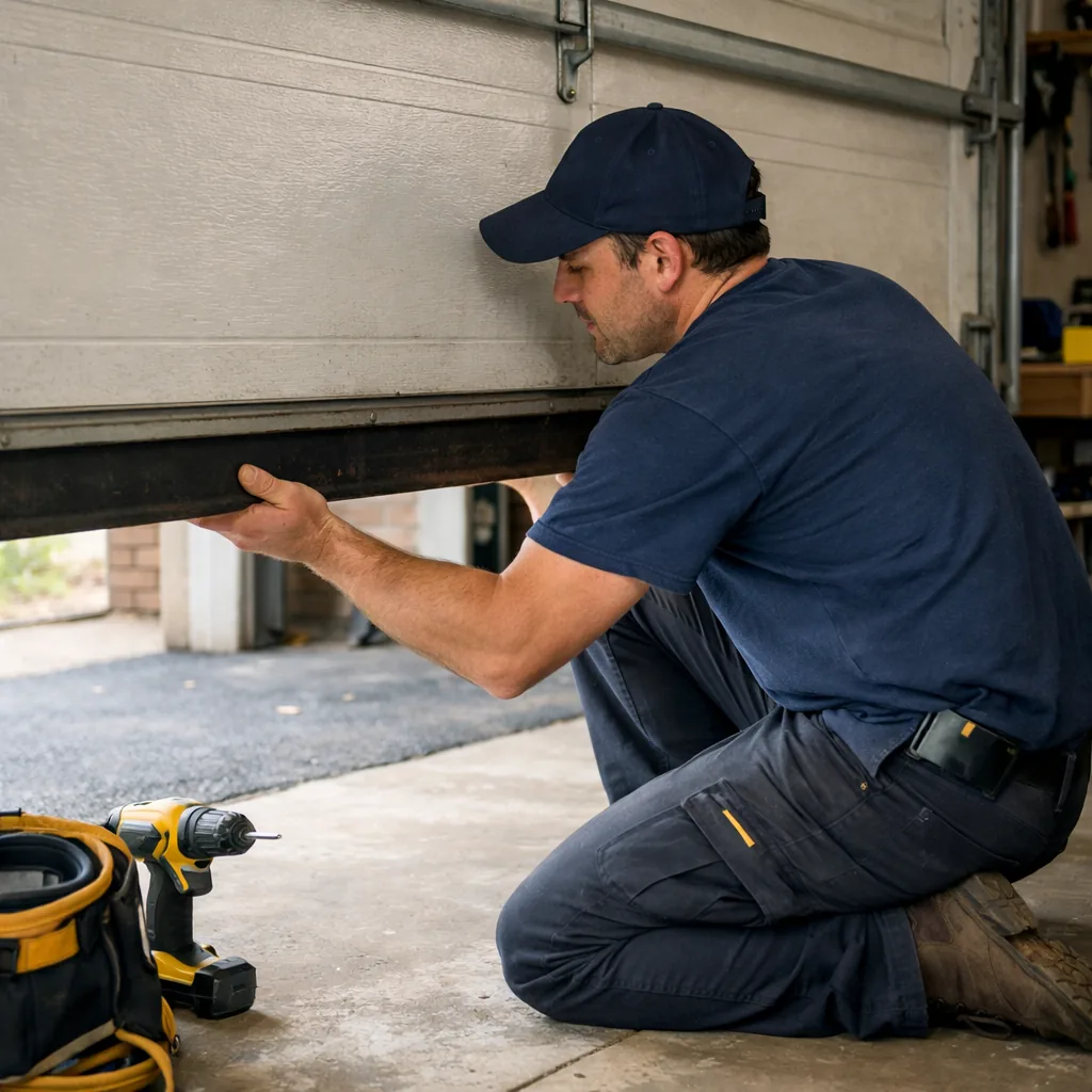 A technician in plain workwear testing a garage door by lifting it a foot by hand to check the balance, residential attached garage, natural light