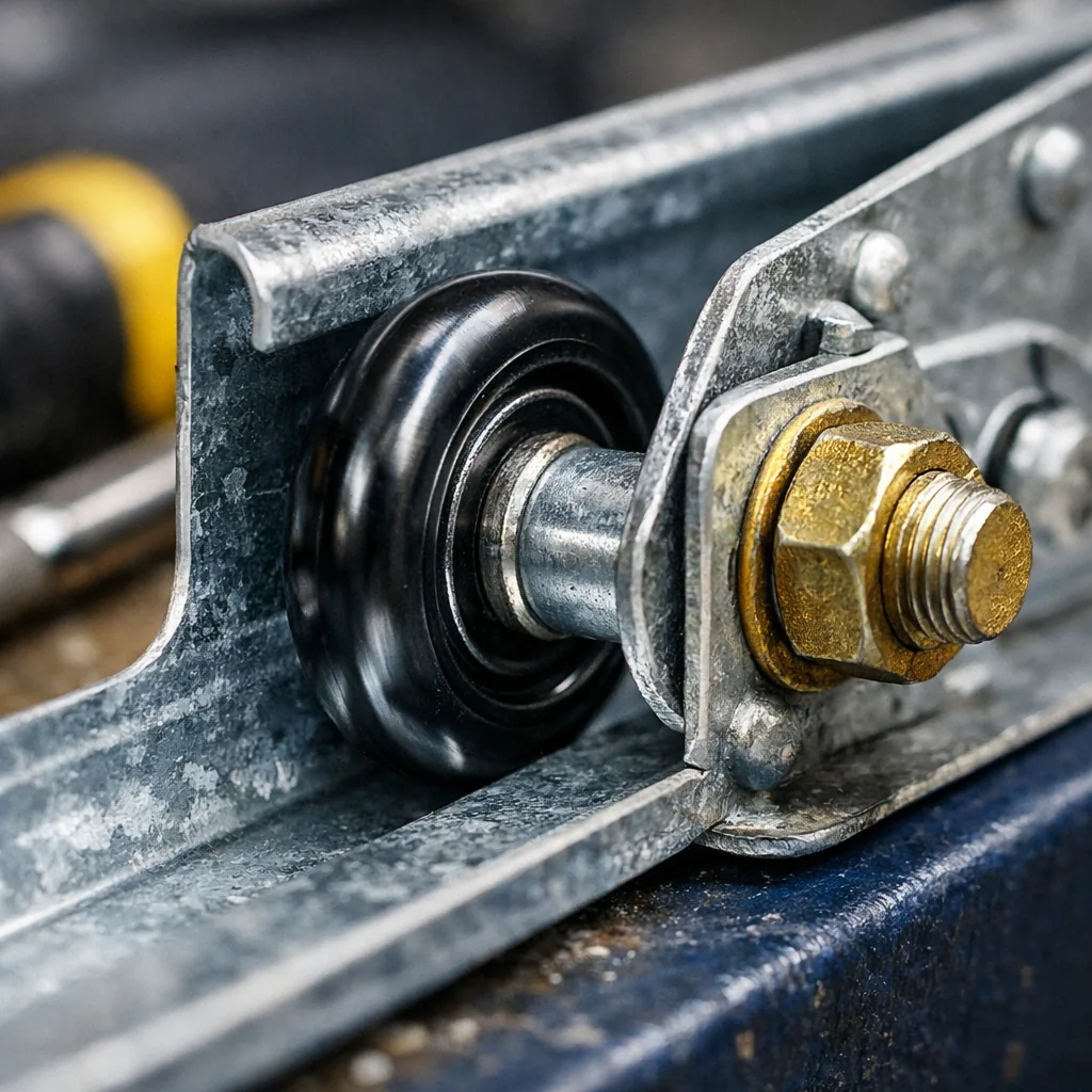 Close-up of new steel rollers seated in a clean galvanized track with a hinge beside them