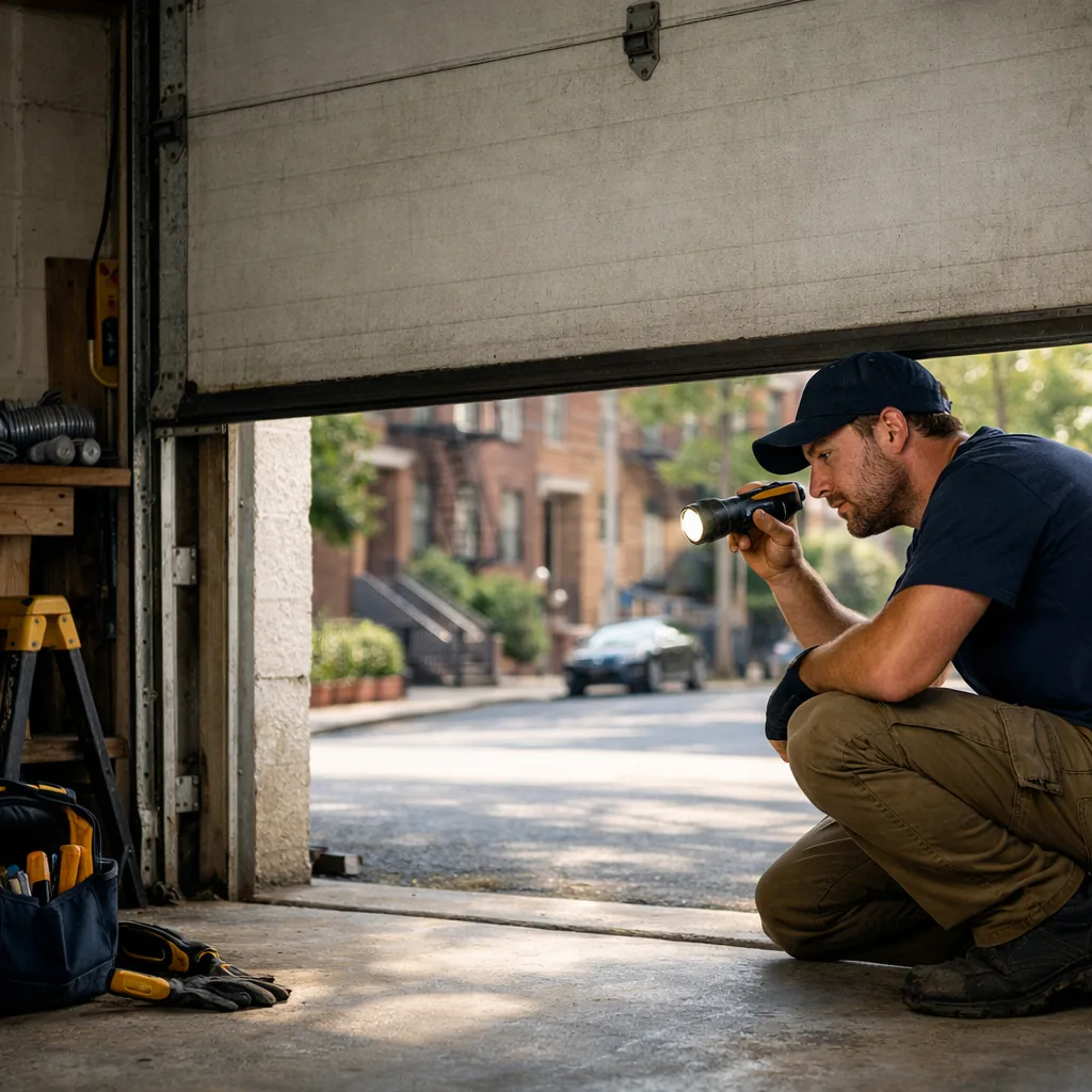 Wide view of a technician in plain workwear crouched beside a residential garage door, inspecting the vertical track and rollers with a flashlight, door partly raised, daylight from the driveway
